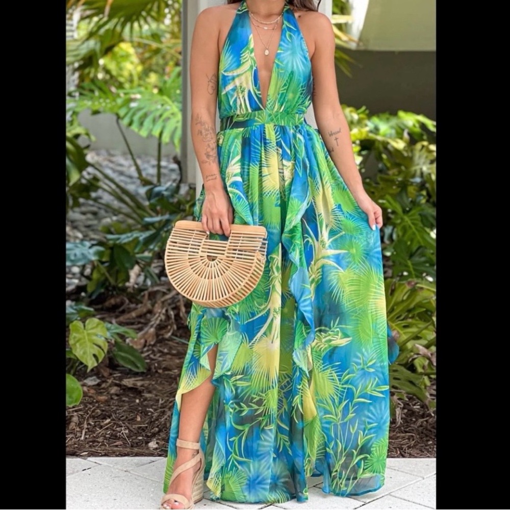 Backless Ruffled Maxi Dress with Slit NWT
